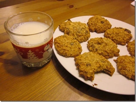 chocolate chip oatmeal cookies and milk