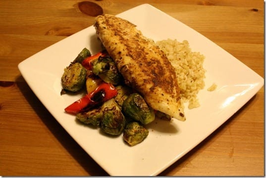 tilapia, brown rice and roasted brussel sprouts.