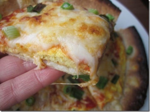 egg pizza on tortilla crust