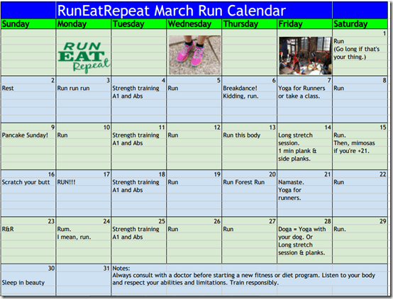 RunEatRepeat March Run / Strength Train Calendar