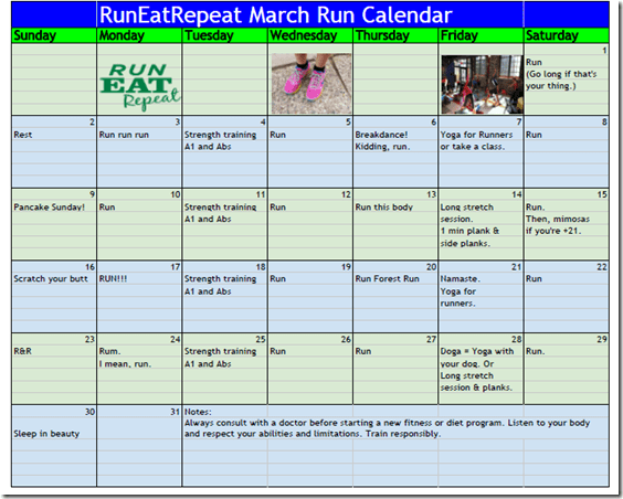 RunEatRepeat March Calendar–Working in strength training to our running plan