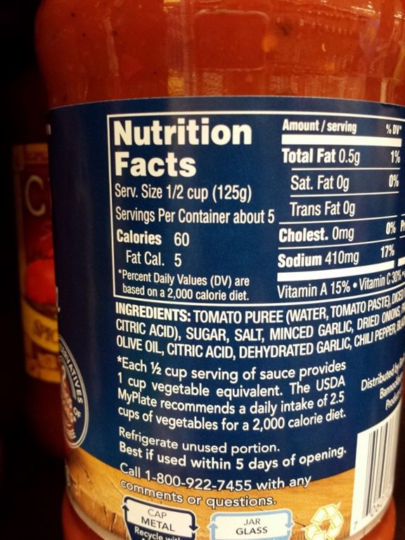 tomato sauce ingredients label