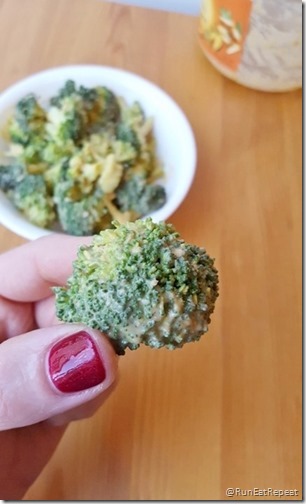 hummus covered broccoli