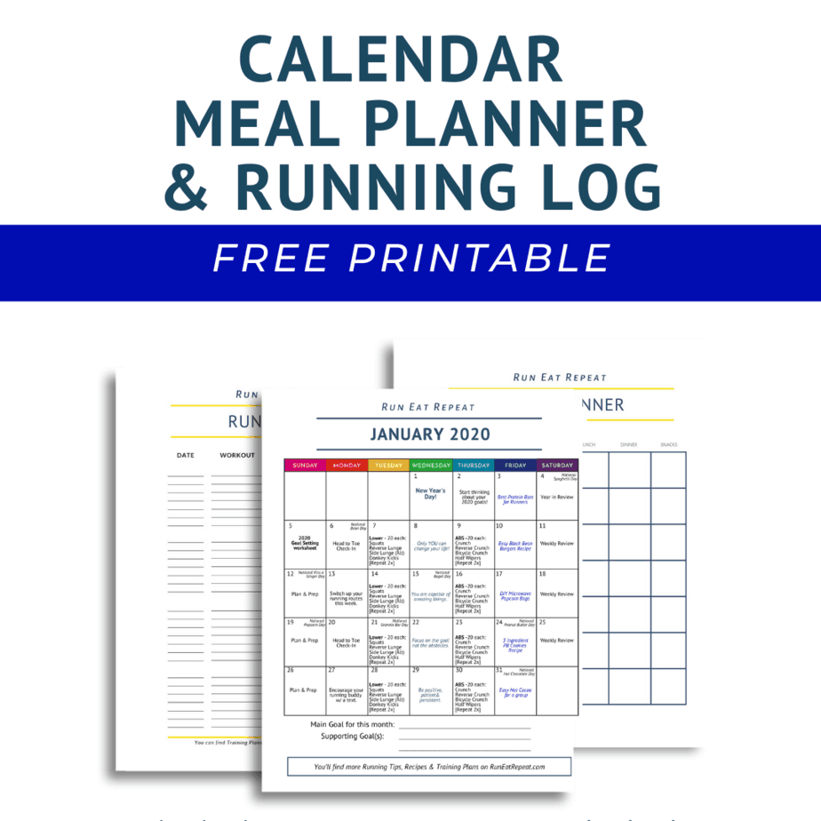 January Calendar, Running Log and Planner free printable Run Eat Repeat