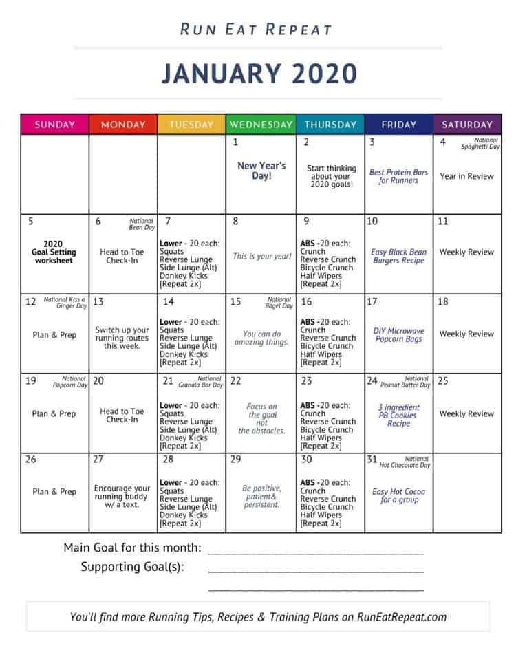 January Calendar, Running Log and Planner - free printable - Run Eat Repeat