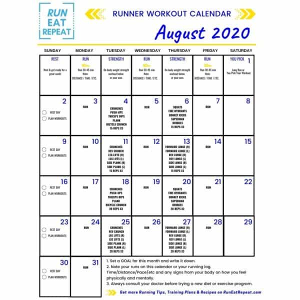 @RunEatRepeat Running Workout Calendar August 2020 (2)