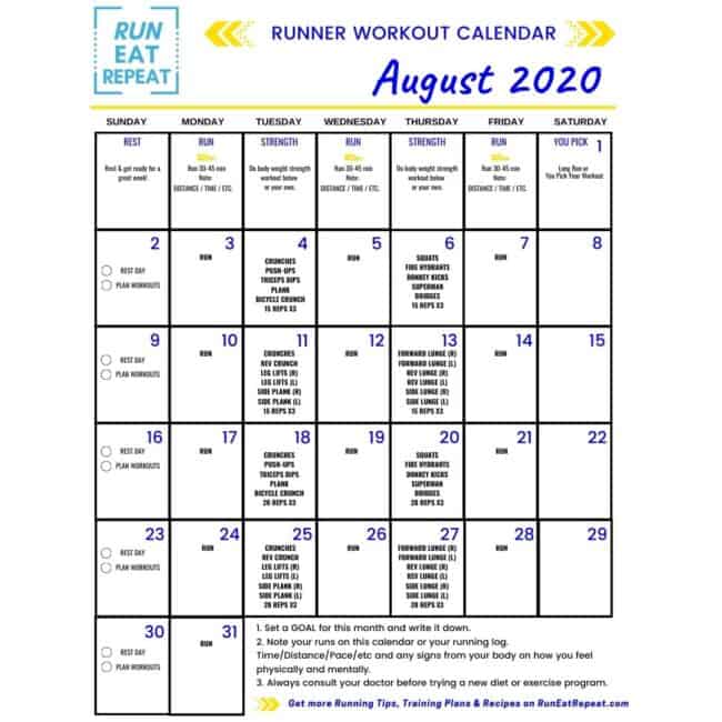 August Running Workout Calendar free printable - Run Eat Repeat