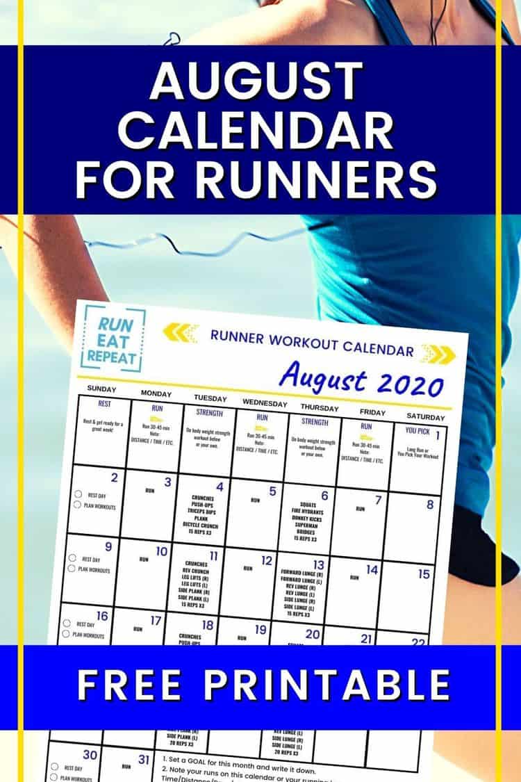 August Running Workout Calendar free printable Run Eat Repeat