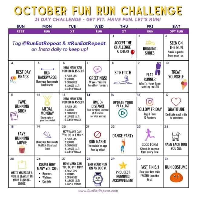 Fun Run Challenge - October Running Calendar Free Printable - Run Eat ...