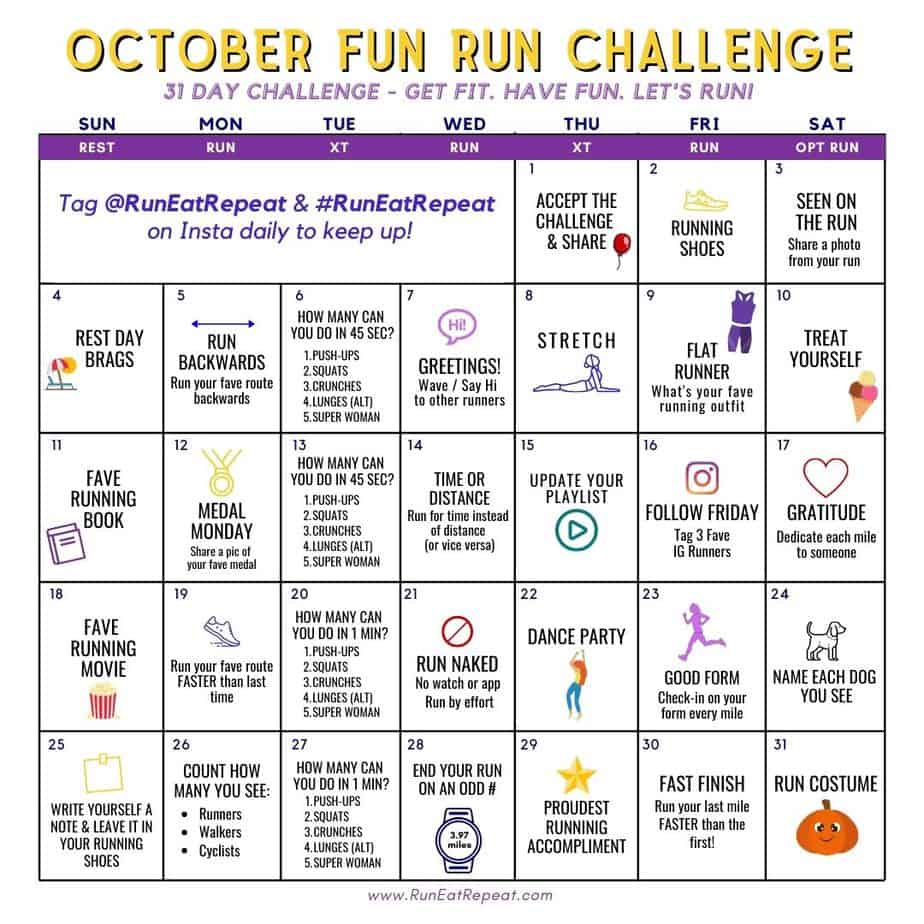 Fun Run Challenge - October Running Calendar Free Printable - Run Eat ...