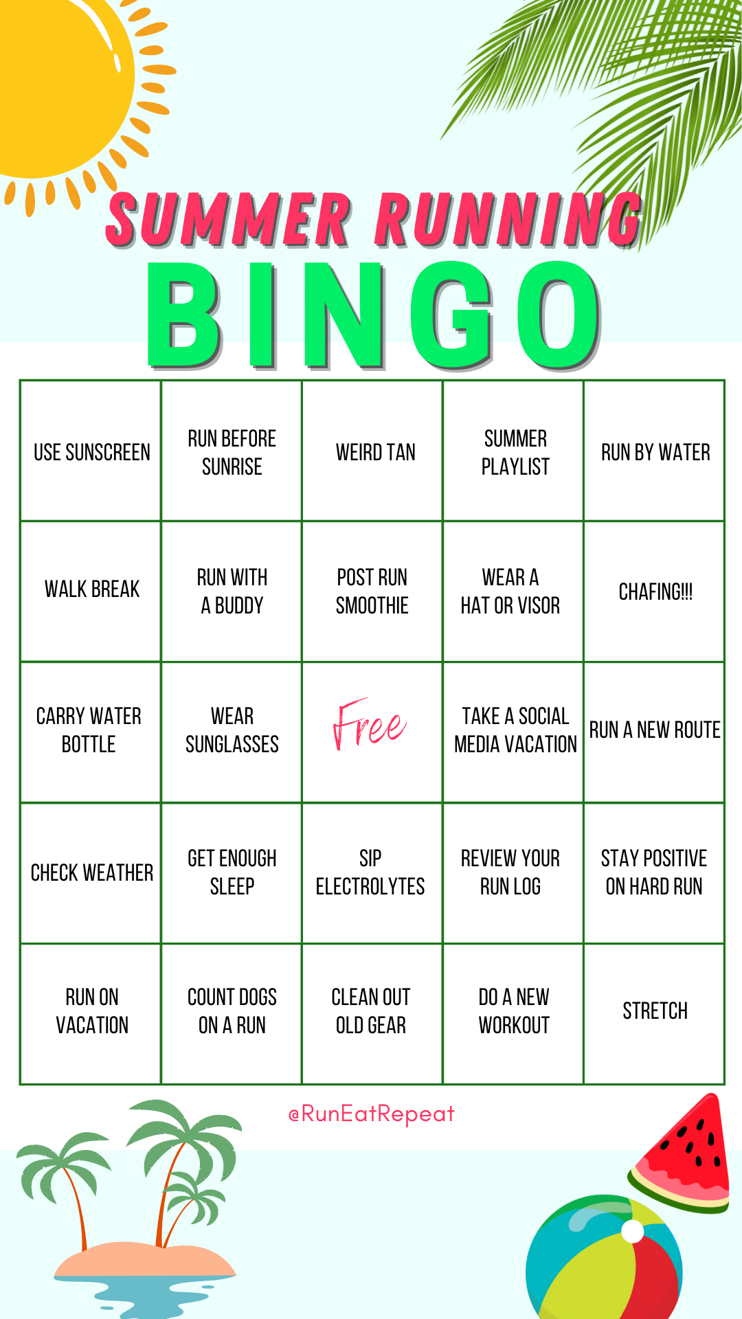 Summer Running Bingo Game free instagram template