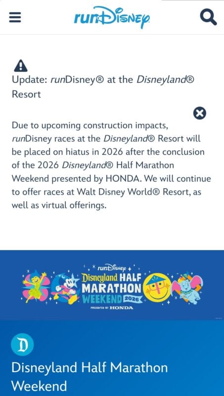 Disneyland Half Marathon Race Announcement 2026 RunDisney cancels Disneyland race after 2026 race weekend. Black text on white background with Disneyland Half Marathon logos.
