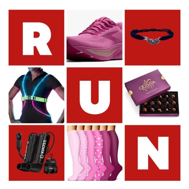 RUN in red lettering on white background with running shoes, chocolates, pink compression socks